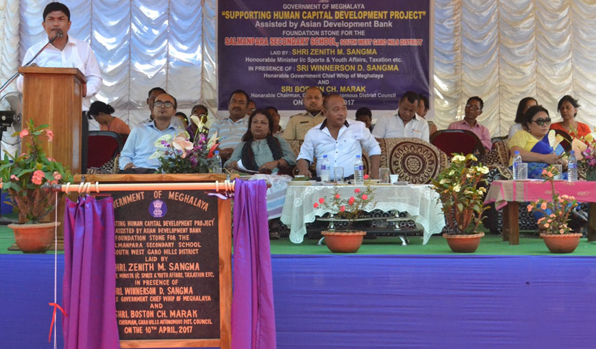 Click to enlarge Shri. Zenith Sangma addresses the gathering during the base laying ceremony of Salmanpara Sec School