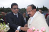 Click to enlarge Union Minister of Power, Dr M Veerappa Moily being welcomed by the Meghalaya Power Minister, Mr A T Mondal at the ALG Helipad
