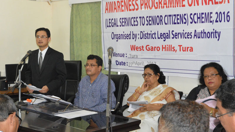 Click to enlarge A M Ripnar, DSJ cum Chairman, DLSA, Tura speaking during Awareness progam on NALSA Legal Services