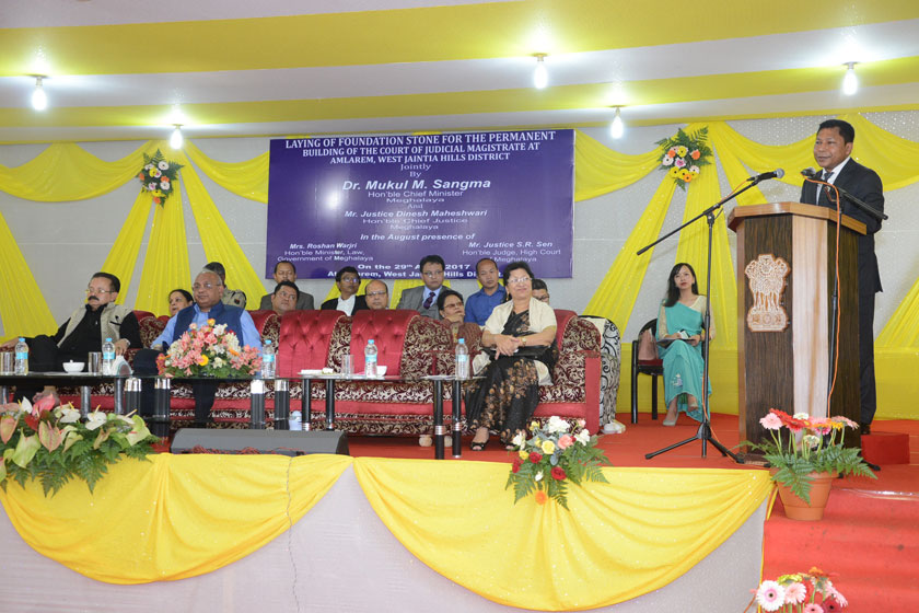 Click to enlarge Chief Minister Dr.Mukul Sangma speaking on the occasion of the Foundation Stone laying ceremony for permanent building of Court of Judicial Magistrate at Amlarem